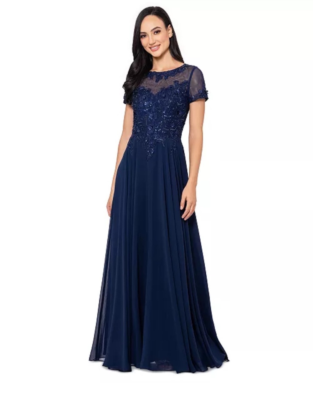 Xscape Navy Embellished Sheer Yoke Chiffon Maxi Dress